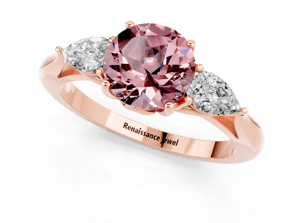 Rose gold Round Cut Morganite Three-Stone Ring with Pear  Side Stones and Prong Setting