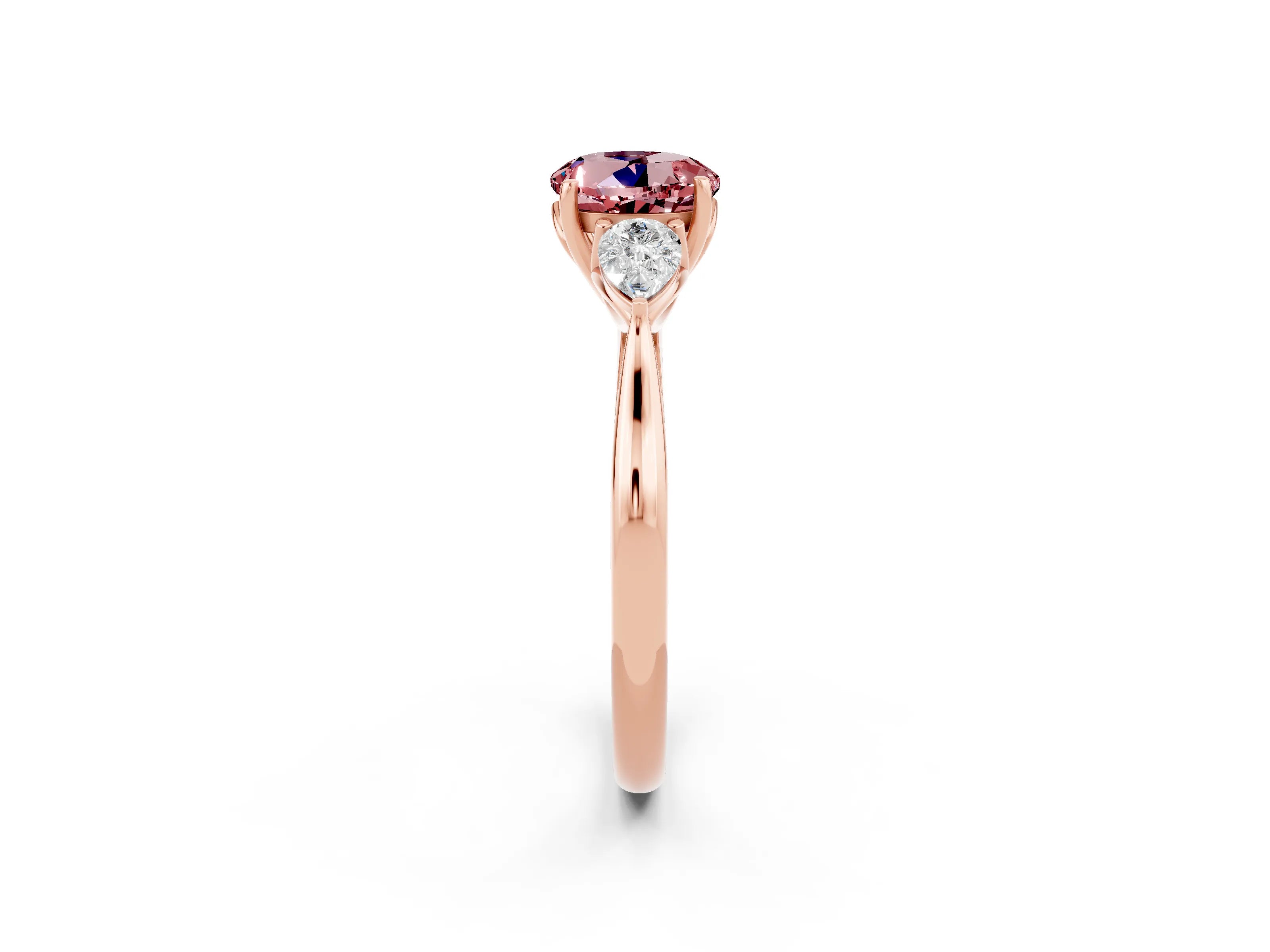 Rose gold Round Cut Morganite Three-Stone Ring with Pear Side Stones and Four-Prong Setting_14