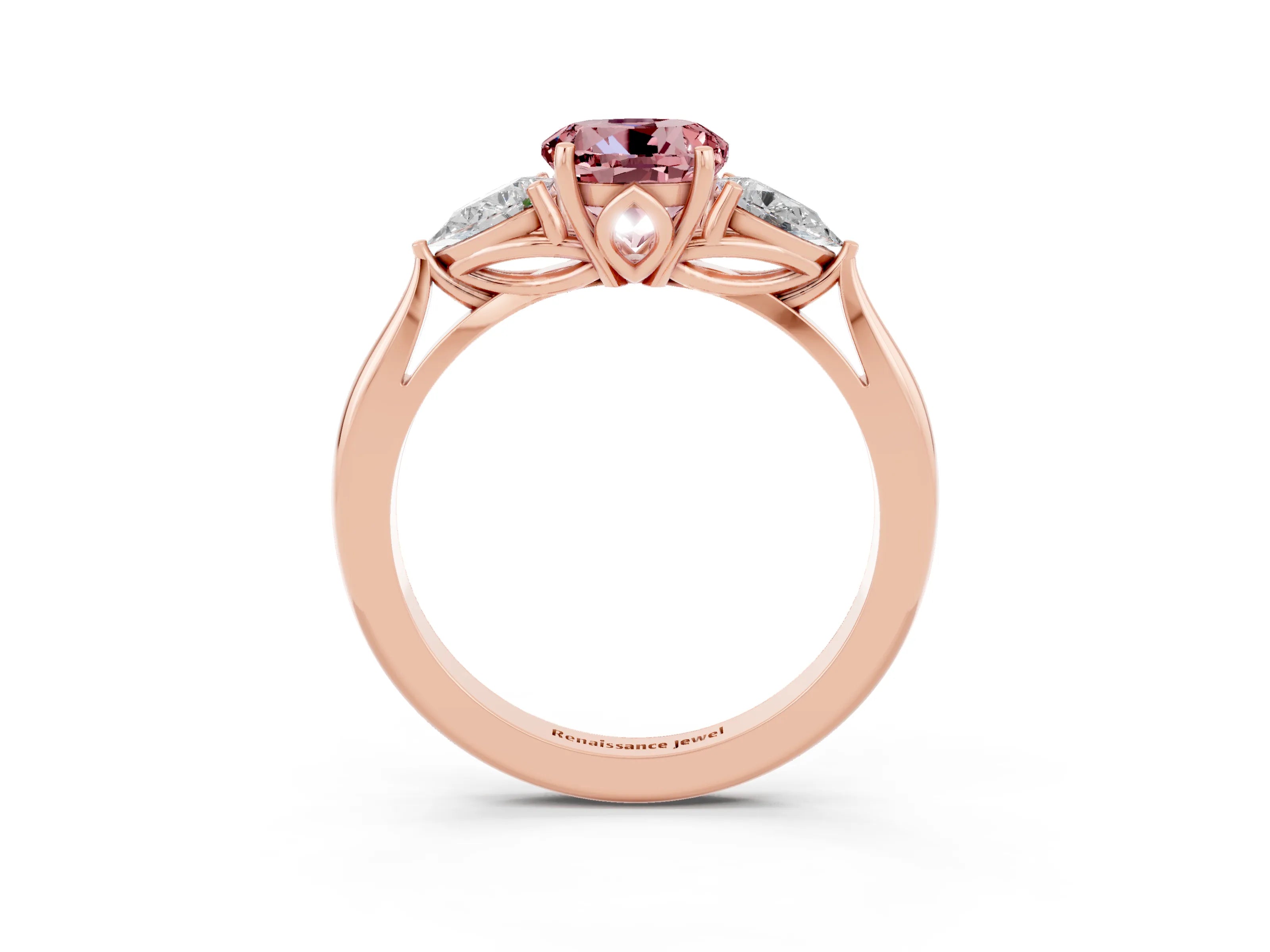 Rose gold Round Cut Morganite Three-Stone Ring with Pear Side Stones and Four-Prong Setting_15