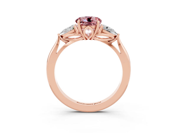 Rose gold Round Cut Morganite Three-Stone Ring with Pear  Side Stones and Prong Setting
