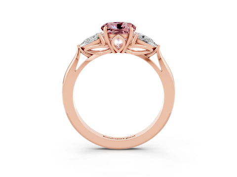 Rose gold Round Cut Morganite Three-Stone Ring with Pear Side Stones and Four-Prong Setting_15