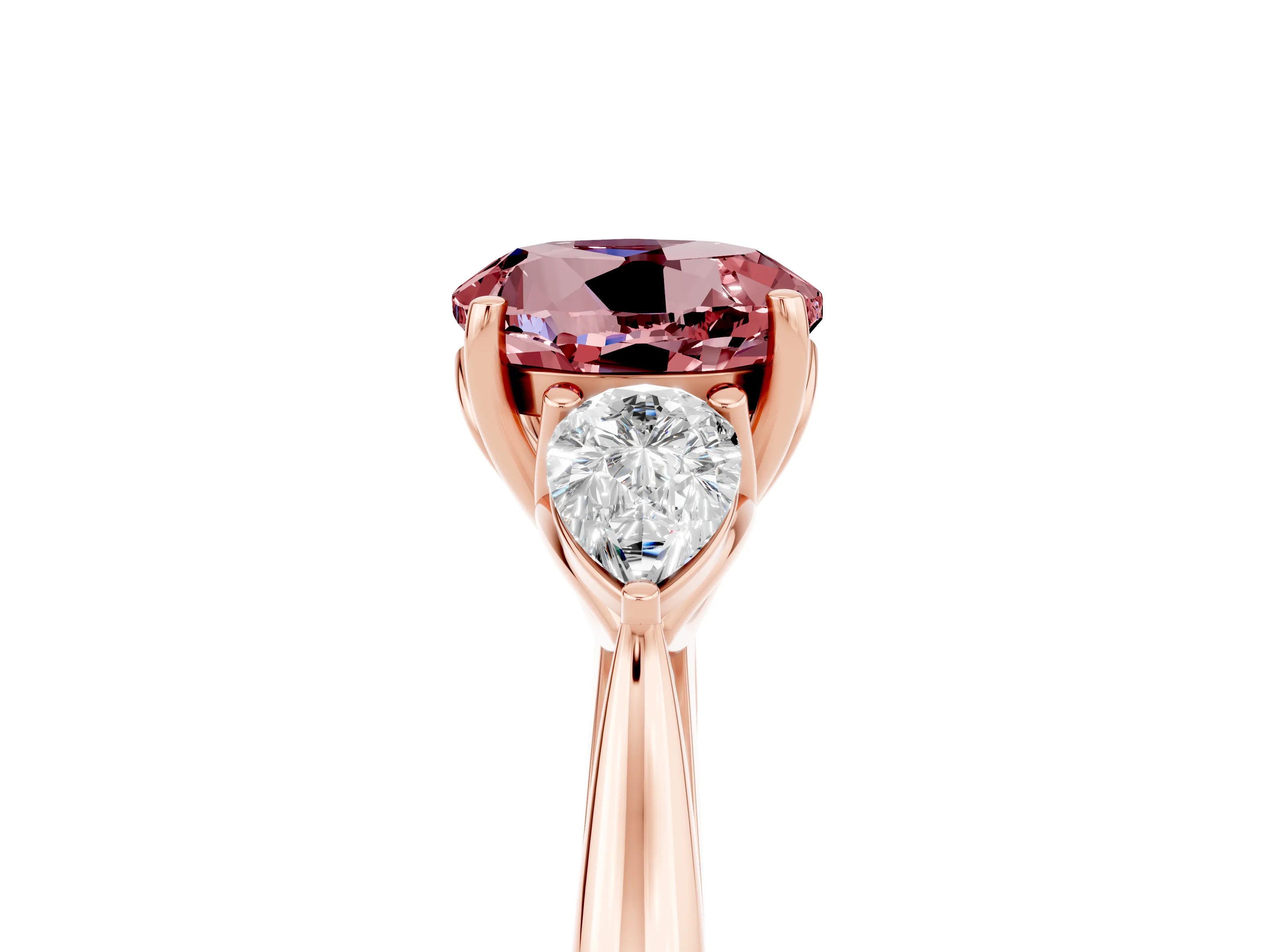 Rose gold Round Cut Morganite Three-Stone Ring with Pear Side Stones and Four-Prong Setting_17