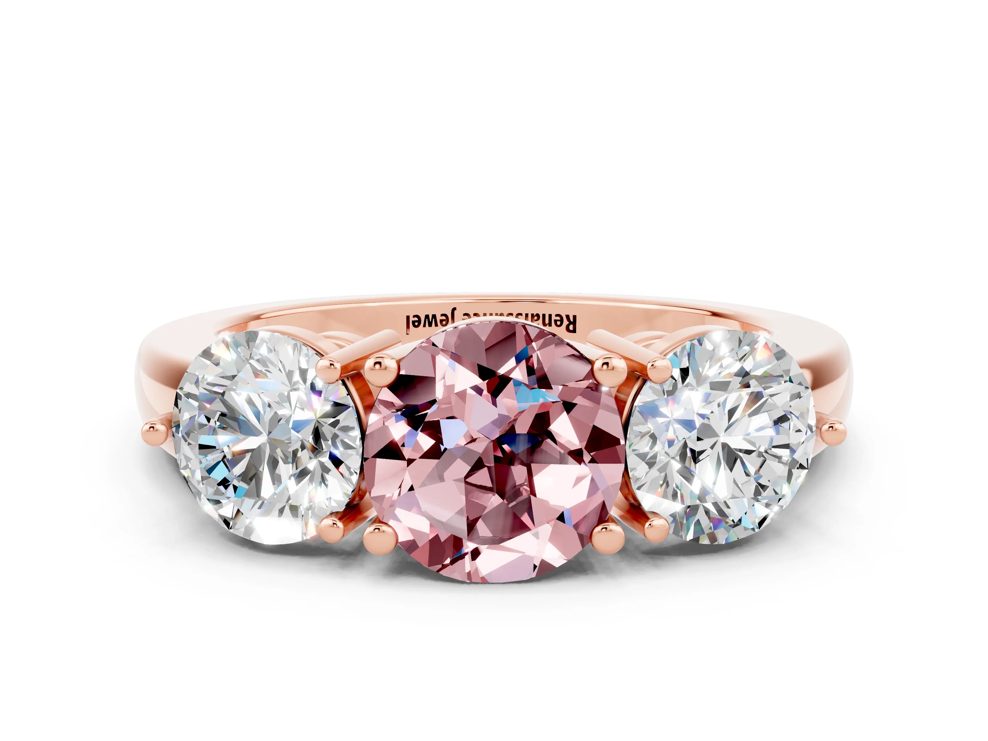Rose gold Round Cut Morganite Three-Stone Ring with Prong Setting and Classic Band