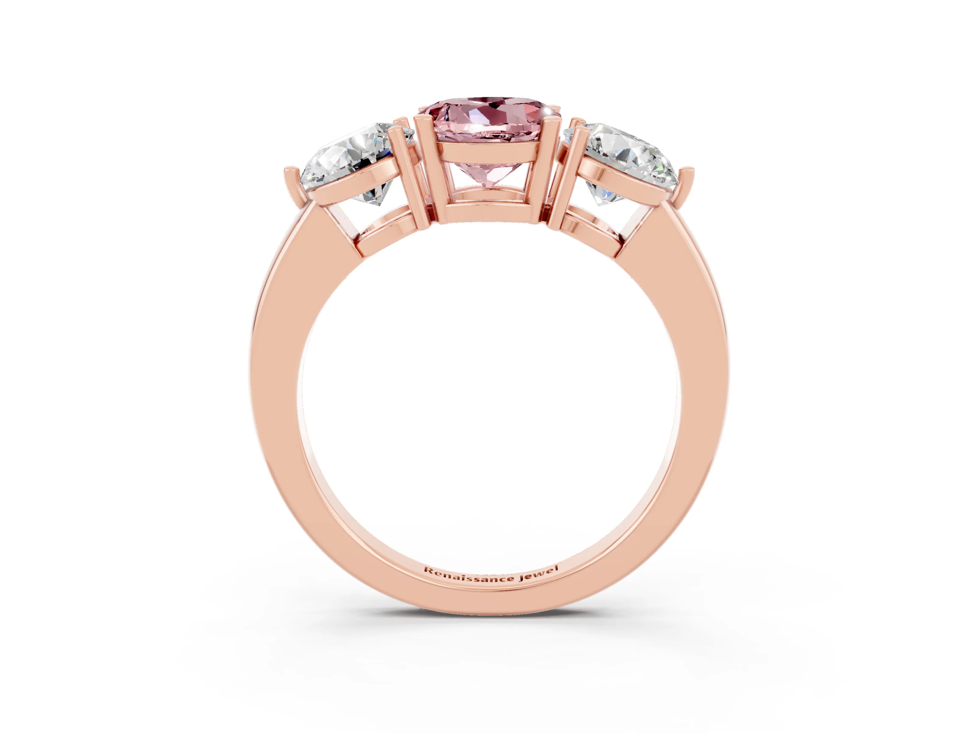 Rose gold Round Cut Morganite Three-Stone Ring with Prong Setting and Classic Band_3