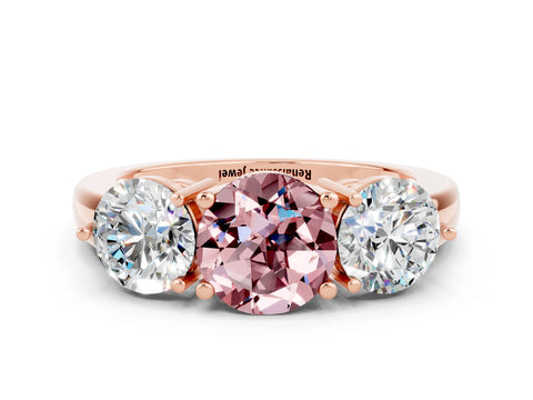 Rose gold Round Cut Morganite Three-Stone Ring with Prong Setting and Classic Band