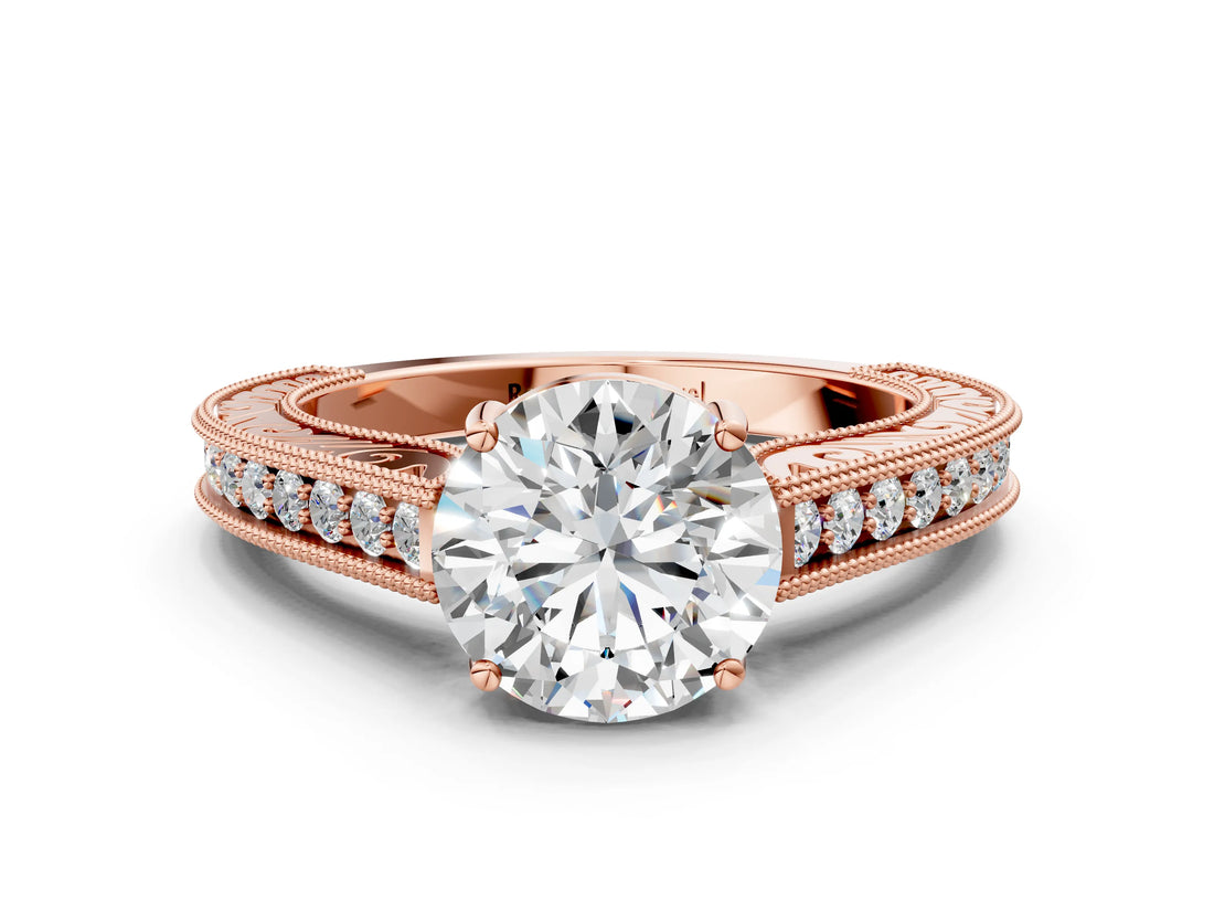 Rose gold Round Cut Pave Band Milgrain Solitaire Ring_6