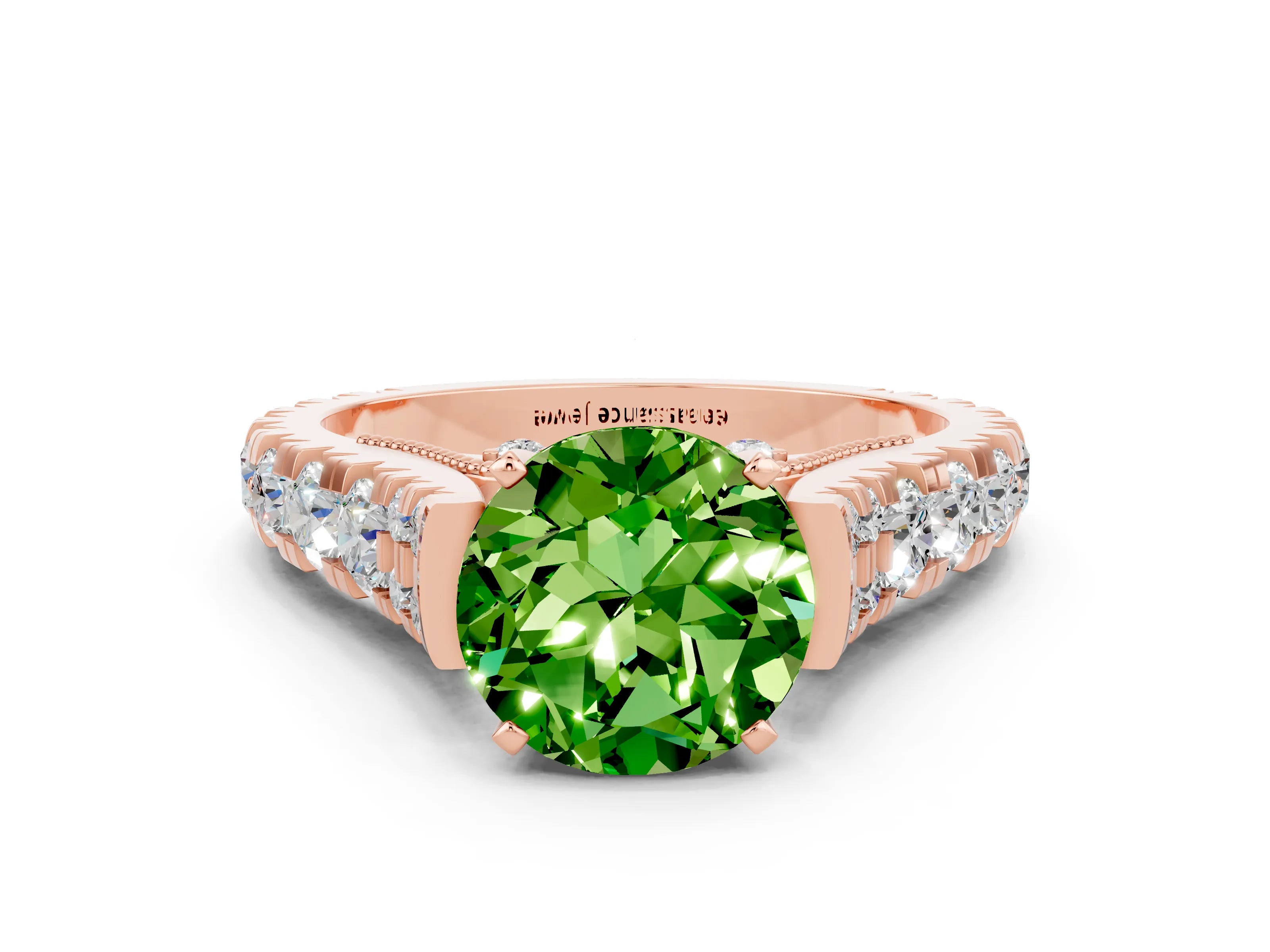 Rose gold Round Cut Peridot Classic Solitaire Ring with Pavé Band and Four-Prong Setting