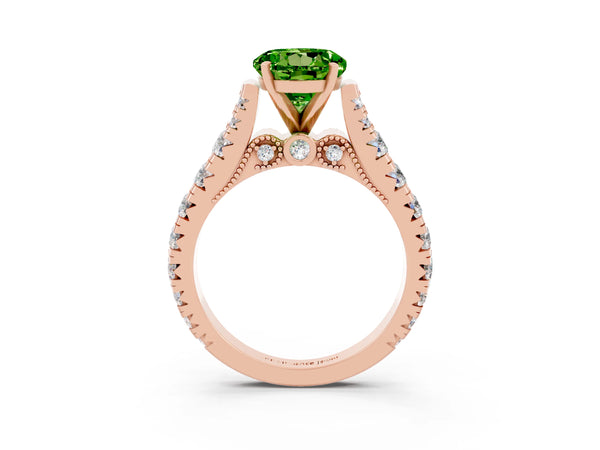 Rose gold Round Cut Peridot Classic Solitaire Ring with Pavé Band and Four-Prong Setting