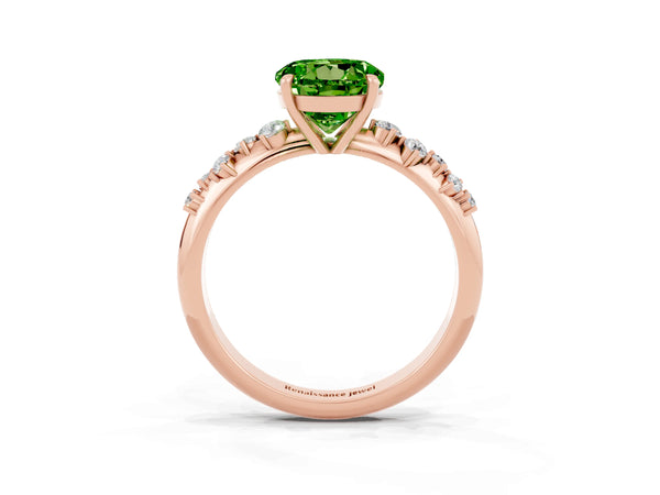 Rose gold Round Cut Peridot Cluster Side Stone Solitaire Ring with Prong Setting
