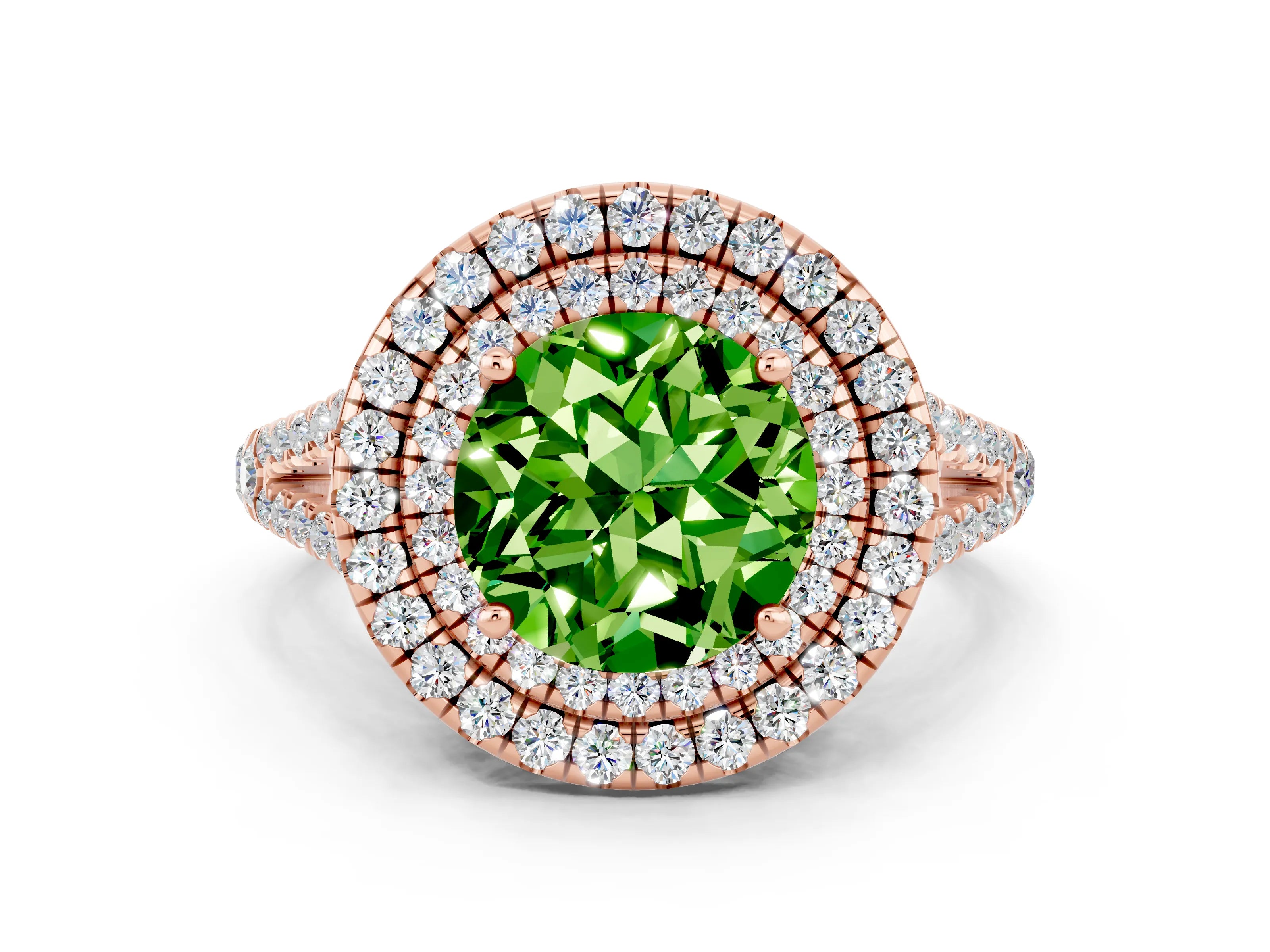 Rose gold Round Cut Peridot Double Halo Ring with Pavé Band and Prong Setting_12