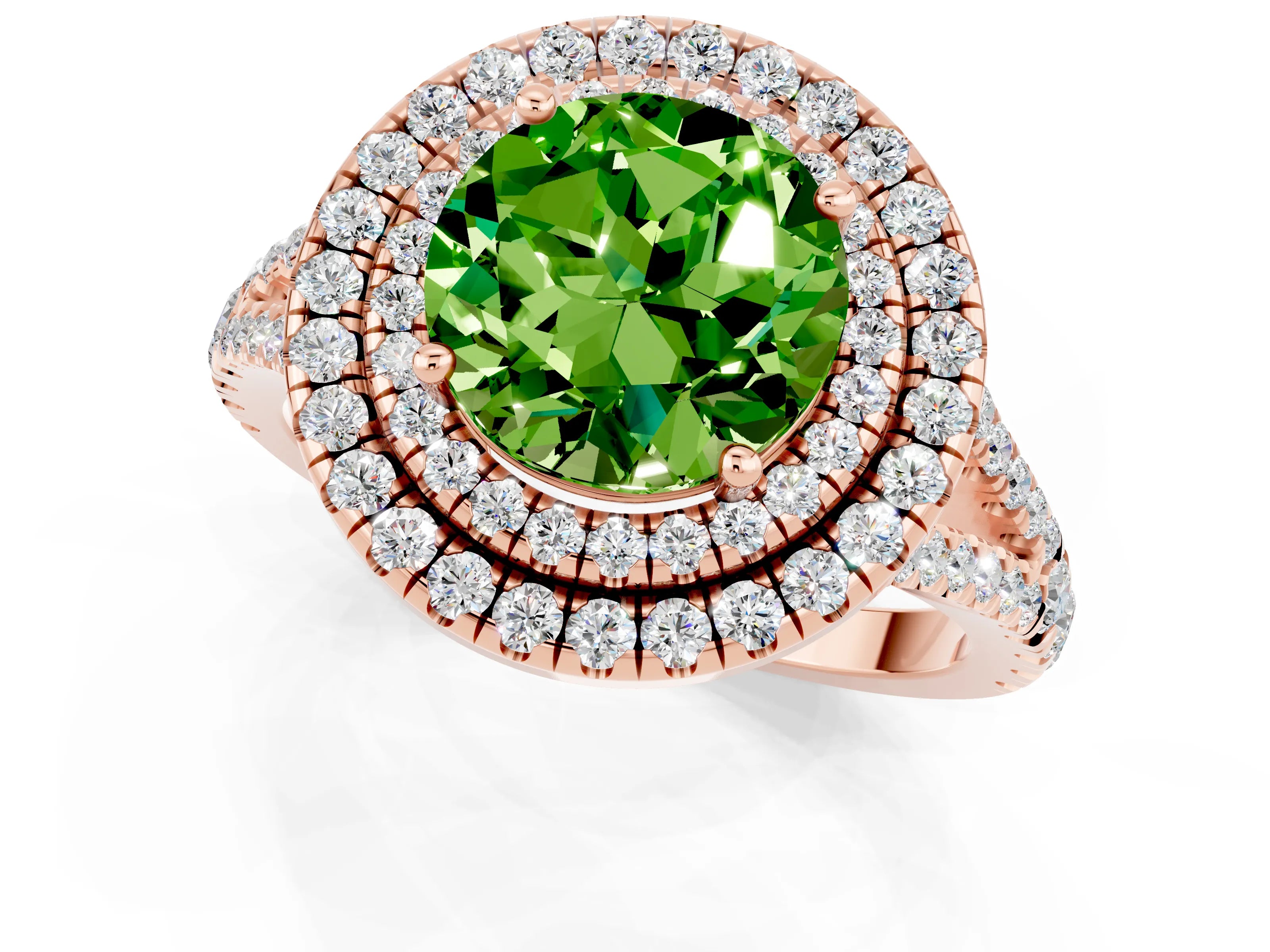 Rose gold Round Cut Peridot Double Halo Ring with Pavé Band and Prong Setting_13