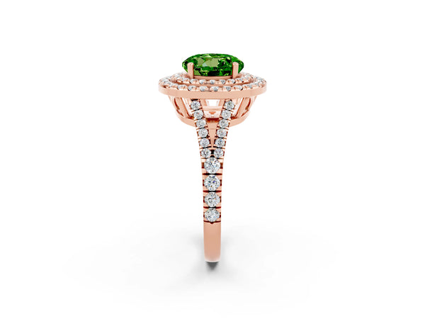 Rose gold Round Cut Peridot Double Halo Ring with Pavé Band and Prong Setting