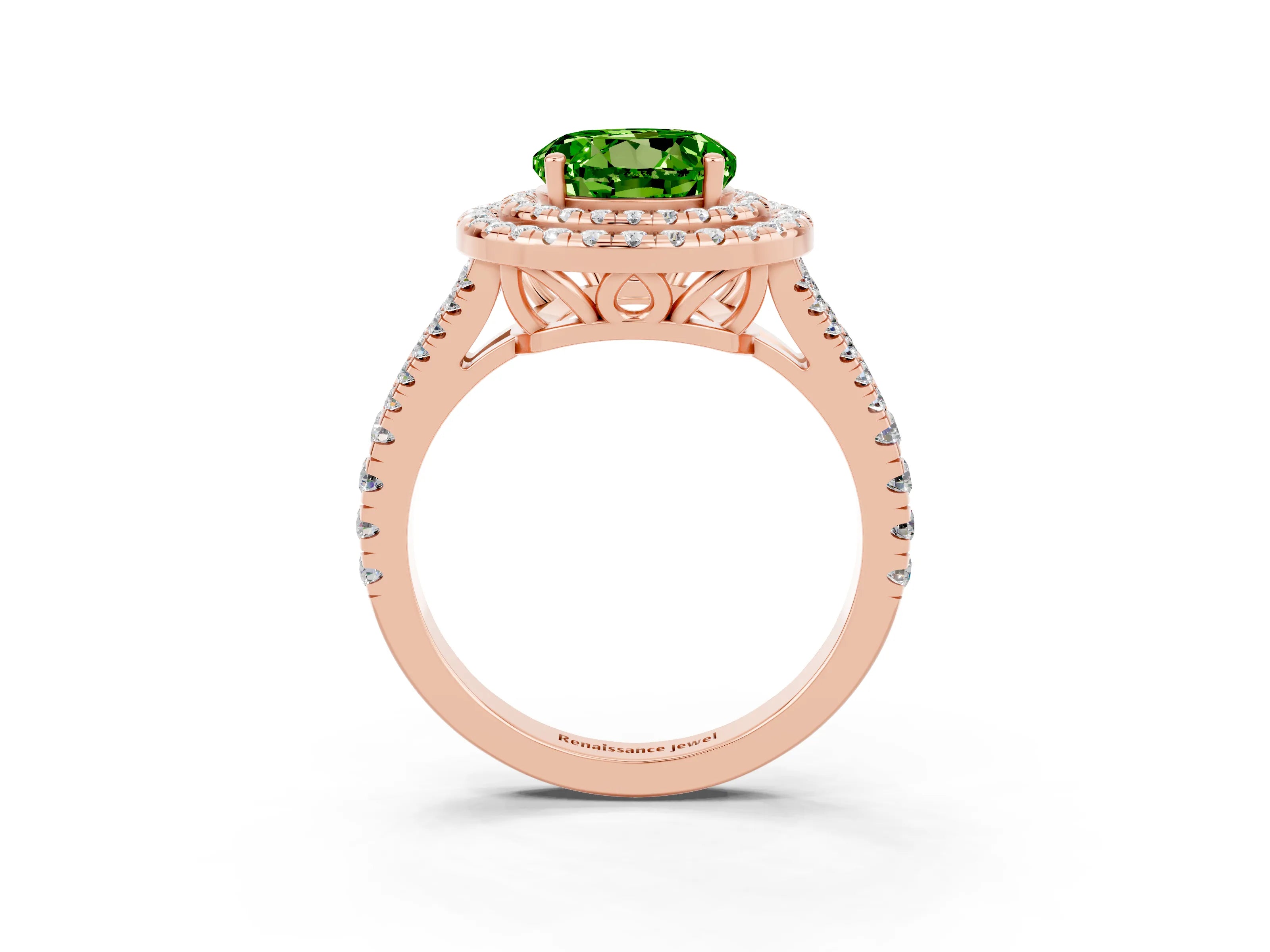 Rose gold Round Cut Peridot Double Halo Ring with Pavé Band and Prong Setting_15
