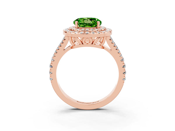 Rose gold Round Cut Peridot Double Halo Ring with Pavé Band and Prong Setting