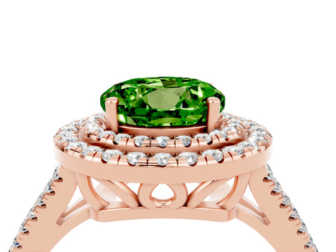Rose gold Round Cut Peridot Double Halo Ring with Pavé Band and Prong Setting_16