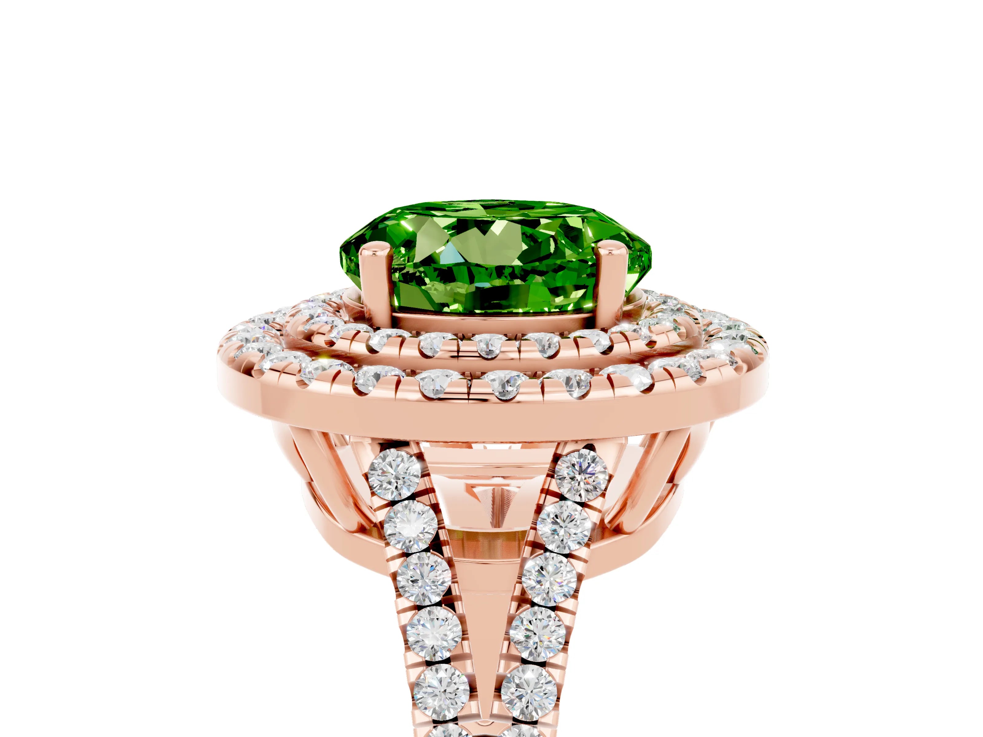 Rose gold Round Cut Peridot Double Halo Ring with Pavé Band and Prong Setting_17