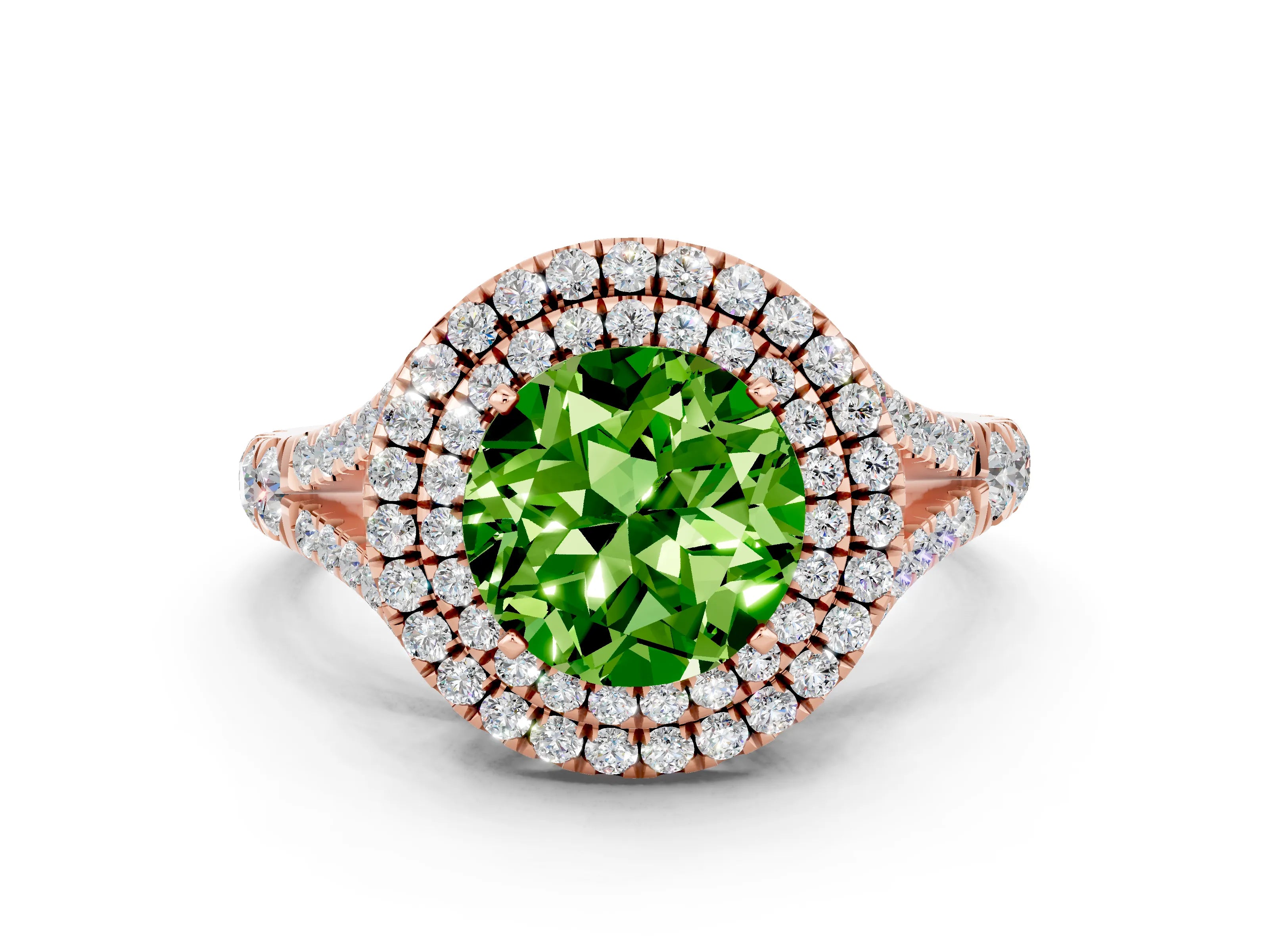 Rose gold Round Cut Peridot Double Halo Ring with Split Shank and Prong Setting_12