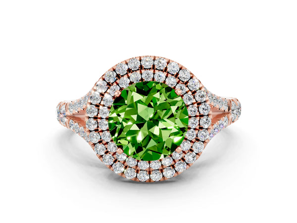 Rose gold Round Cut Peridot Double Halo Ring with Split Shank and Prong Setting
