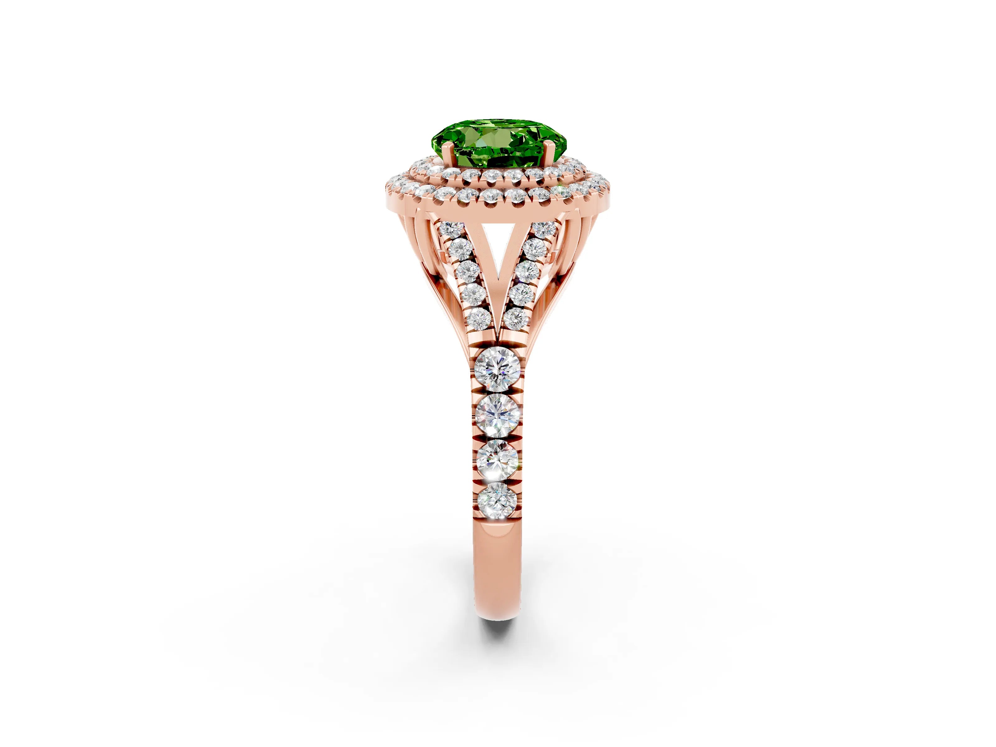 Rose gold Round Cut Peridot Double Halo Ring with Split Shank and Prong Setting_14