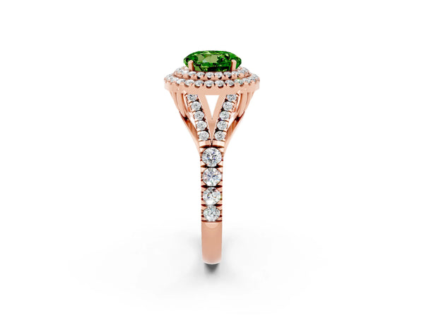 Rose gold Round Cut Peridot Double Halo Ring with Split Shank and Prong Setting