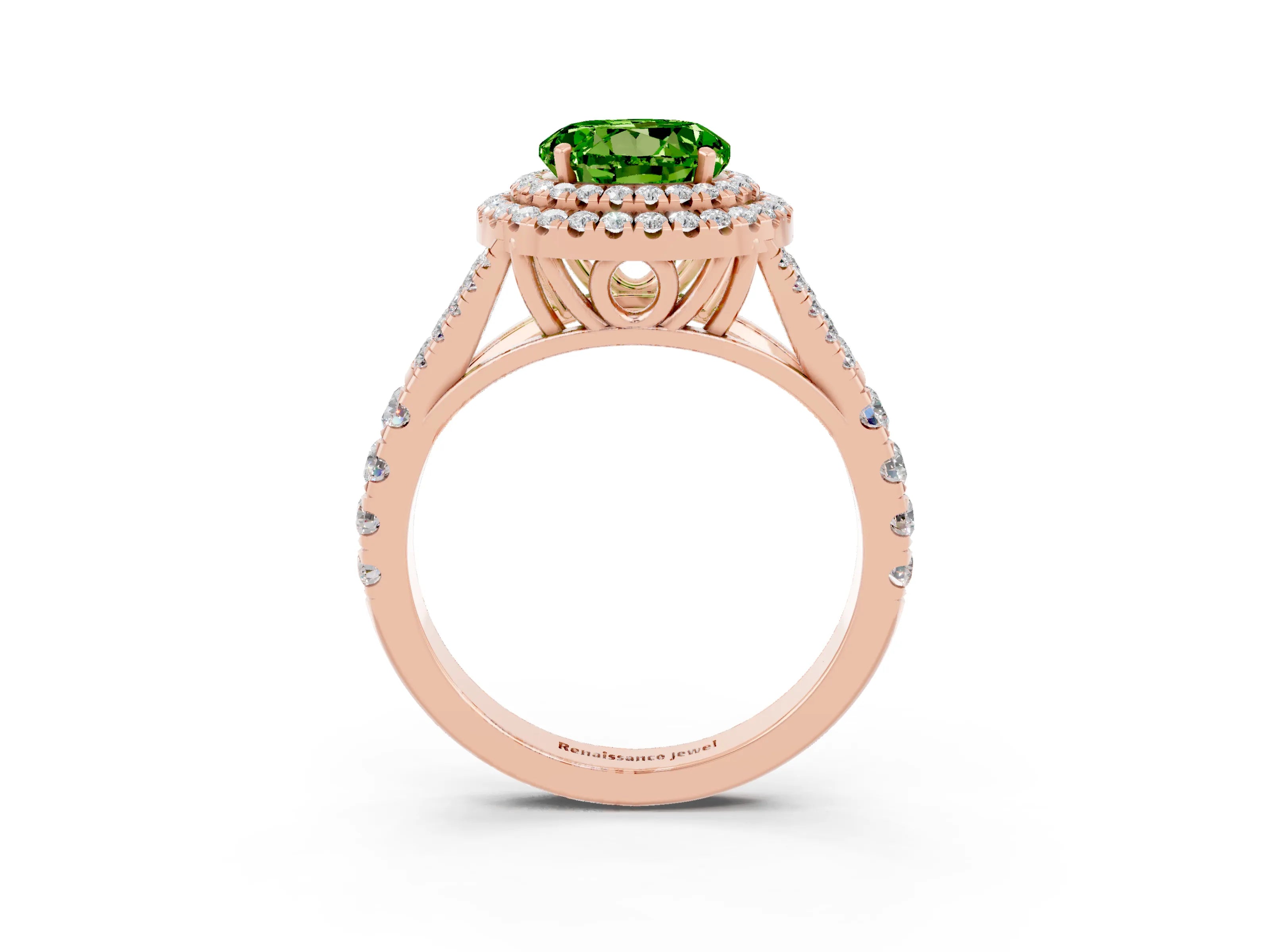 Rose gold Round Cut Peridot Double Halo Ring with Split Shank and Prong Setting_15