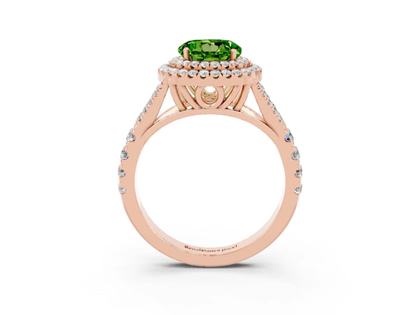 Rose gold Round Cut Peridot Double Halo Ring with Split Shank and Prong Setting