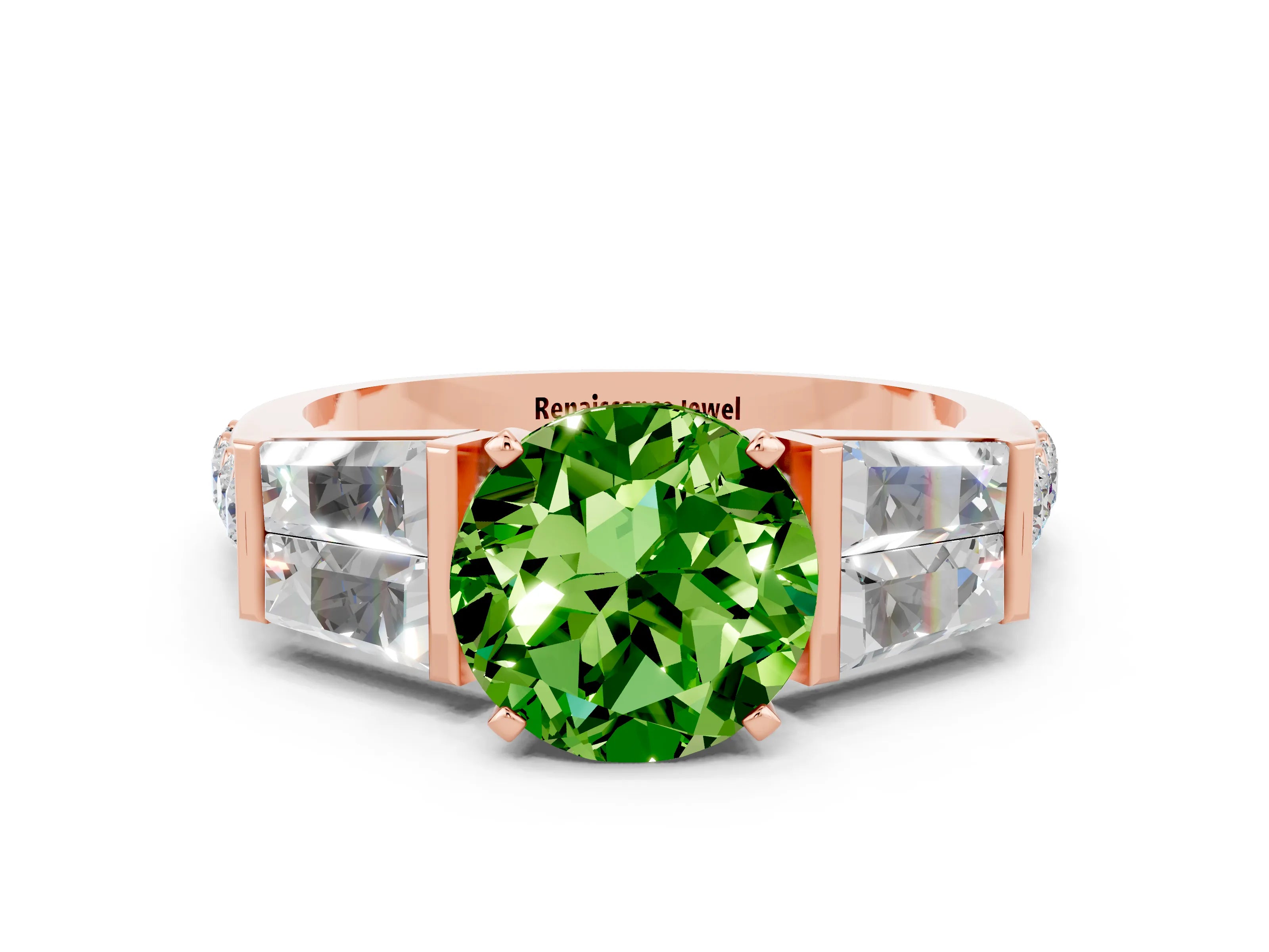 Rose gold Round Cut Peridot Engagement Ring with Baguette Side Stones and Channel Set Band