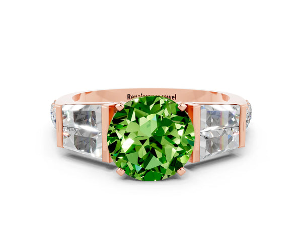 Rose gold Round Cut Peridot Engagement Ring with Baguette Side Stones and Channel Set Band