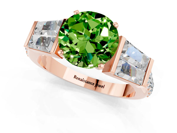 Rose gold Round Cut Peridot Engagement Ring with Baguette Side Stones and Channel Set Band