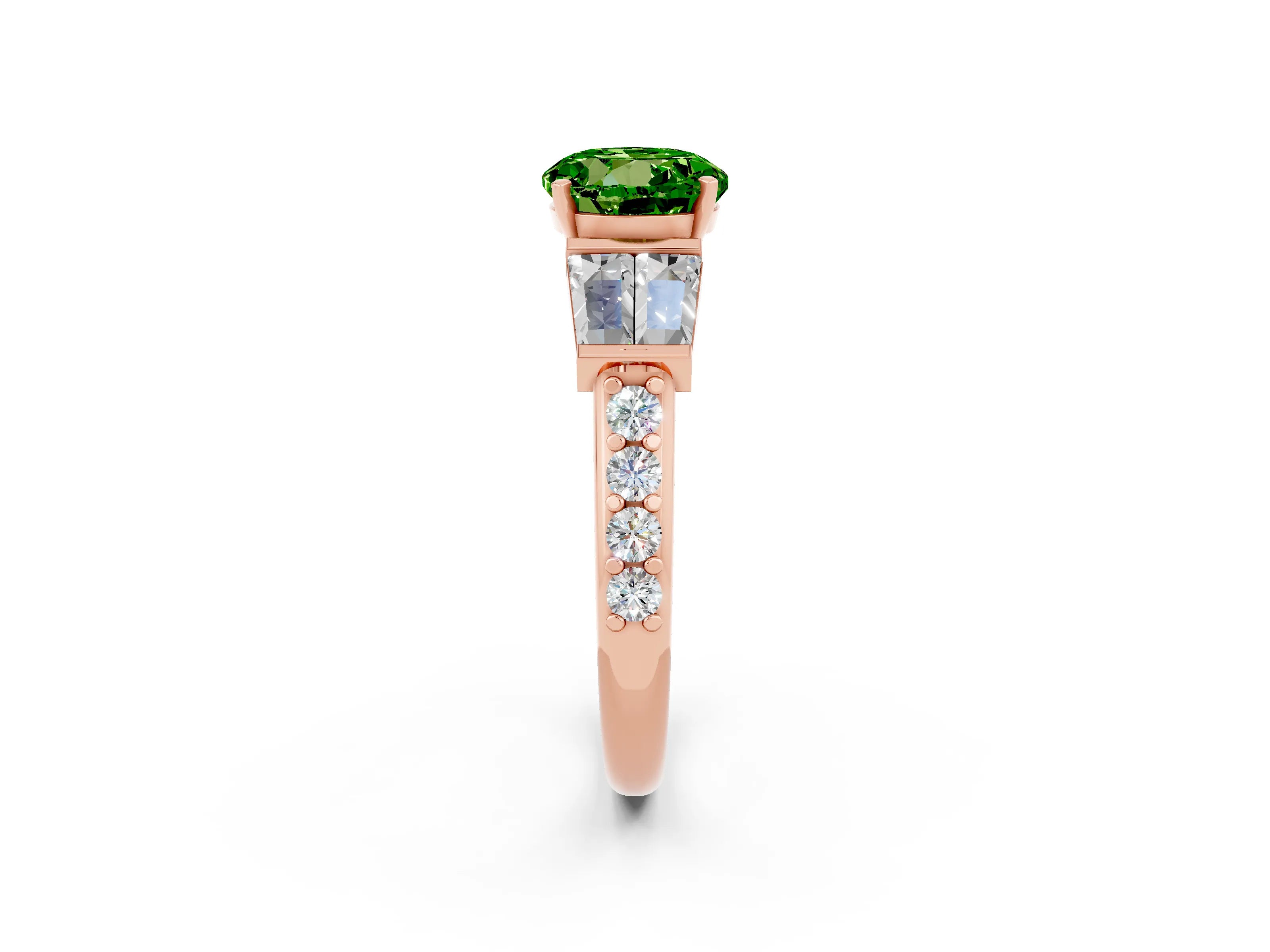Rose gold Round Cut Peridot Engagement Ring with Baguette Side Stones and Channel Set Band_2