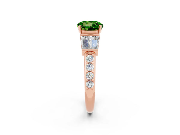 Rose gold Round Cut Peridot Engagement Ring with Baguette Side Stones and Channel Set Band