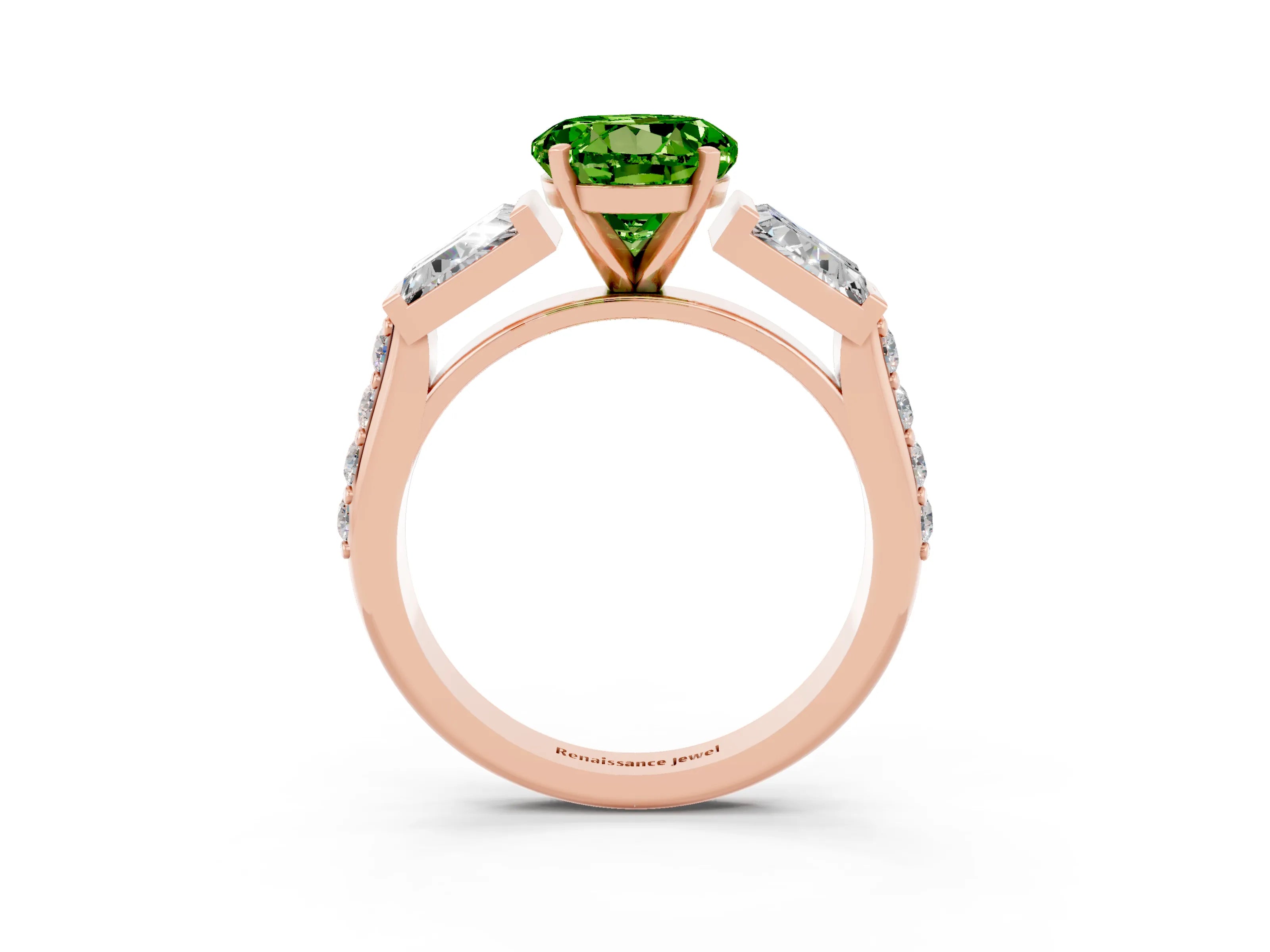 Rose gold Round Cut Peridot Engagement Ring with Baguette Side Stones and Channel Set Band_3