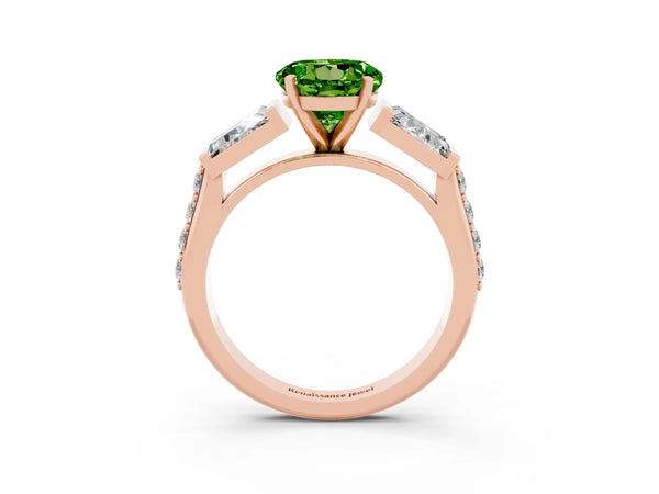 Rose gold Round Cut Peridot Engagement Ring with Baguette Side Stones and Channel Set Band