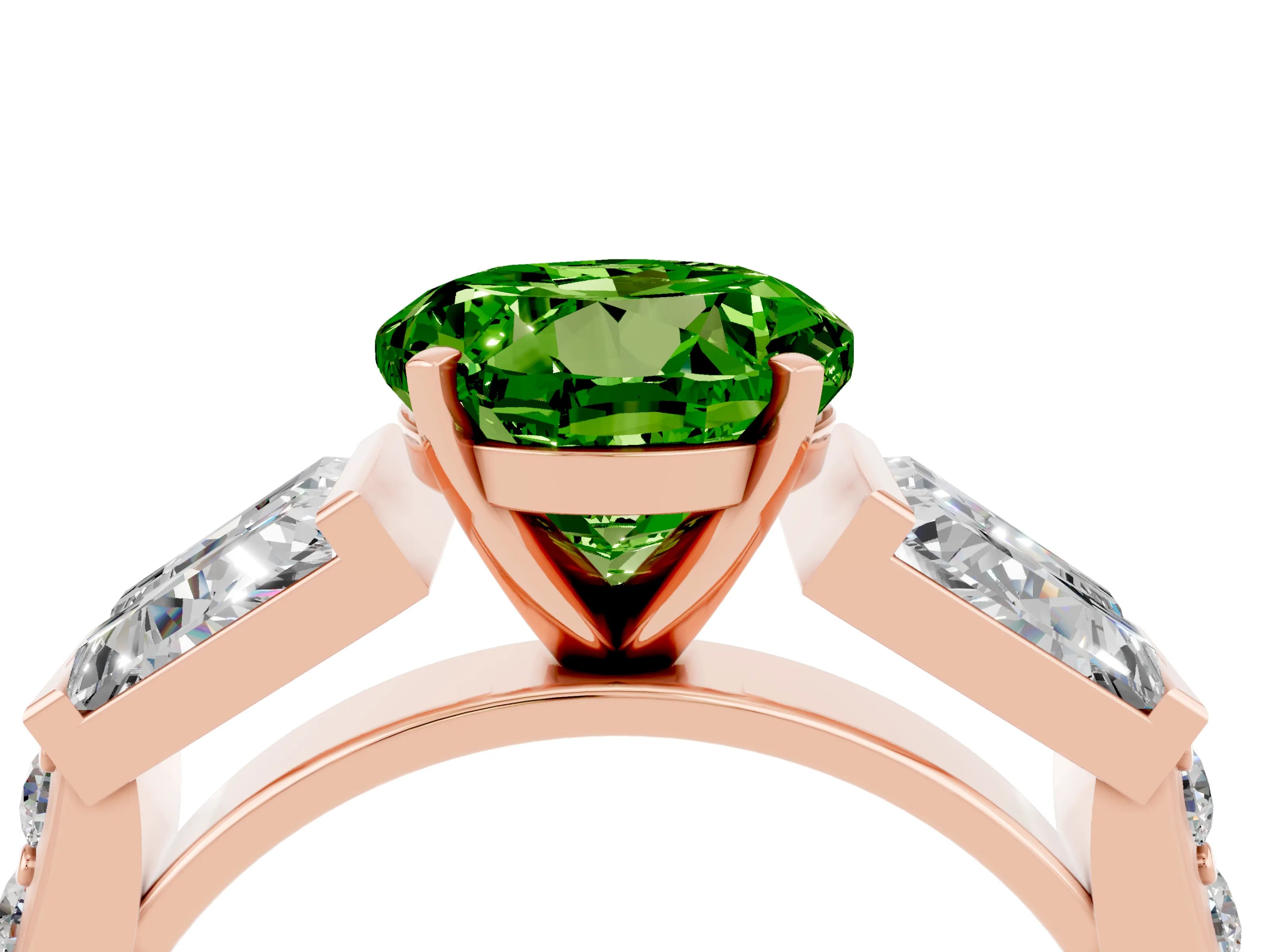 Rose gold Round Cut Peridot Engagement Ring with Baguette Side Stones and Channel Set Band_4