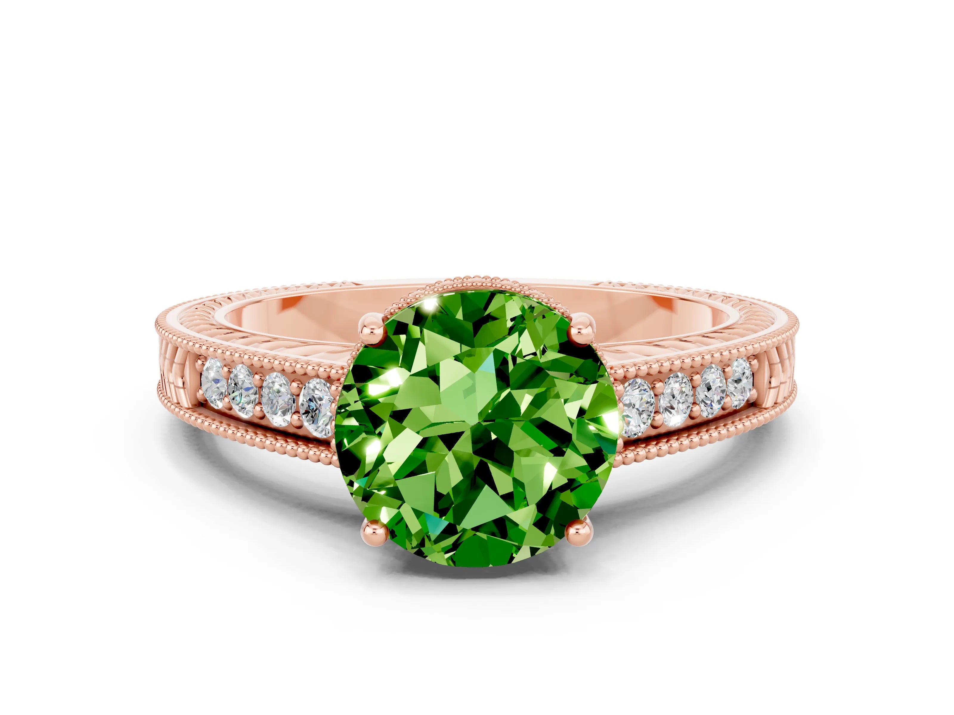 Rose gold Round Cut Peridot Engagement Ring with Milgrain Channel Set Band and Prong Setting