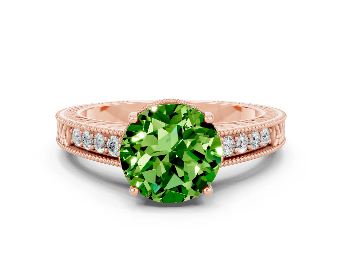 Rose gold Round Cut Peridot Engagement Ring with Milgrain Channel Set Band and Prong Setting