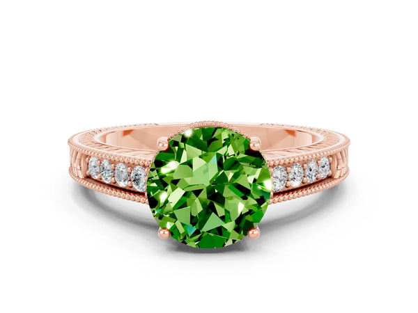 Rose gold Round Cut Peridot Engagement Ring with Milgrain Channel Set Band and Prong Setting