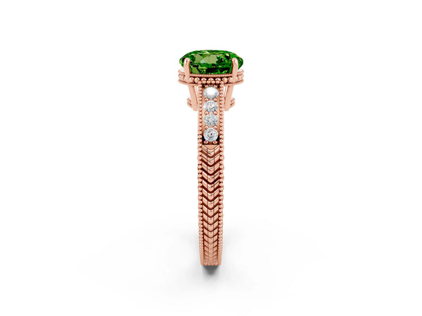 Rose gold Round Cut Peridot Engagement Ring with Milgrain Channel Set Band and Prong Setting
