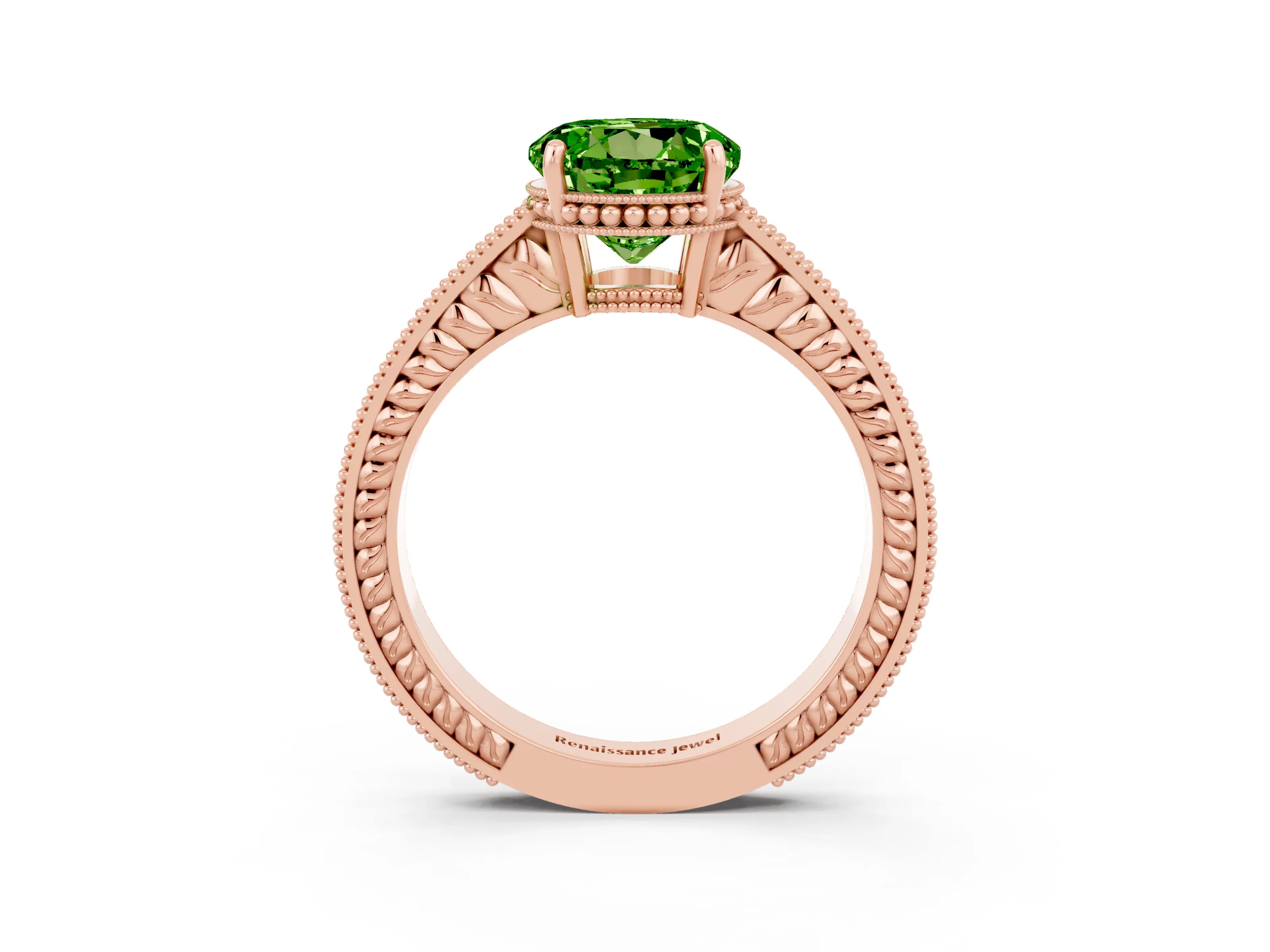 Rose gold Round Cut Peridot Engagement Ring with Milgrain Channel Set Band and Prong Setting_3