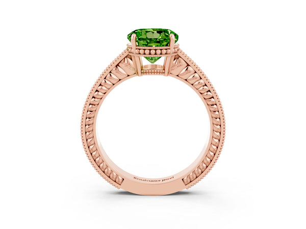 Rose gold Round Cut Peridot Engagement Ring with Milgrain Channel Set Band and Prong Setting