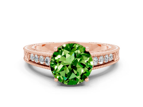 Rose gold Round Cut Peridot Engagement Ring with Milgrain Channel Set Band and Prong Setting