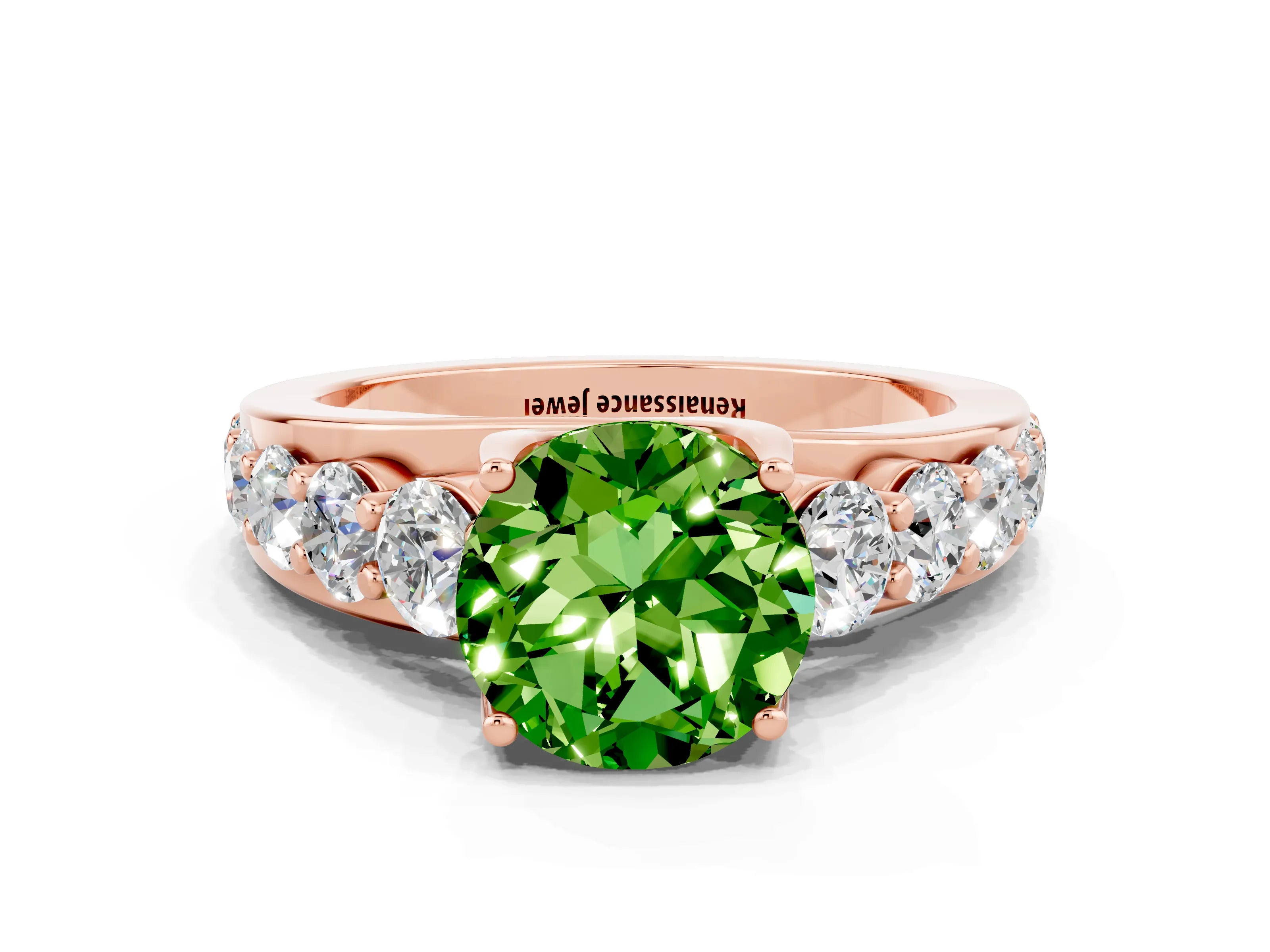 Rose gold Round Cut Peridot Engagement Ring with Pavé Band and Four-Prong Setting