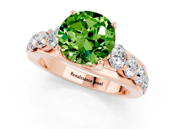 Rose gold Round Cut Peridot Engagement Ring with Pavé Band and Four-Prong Setting
