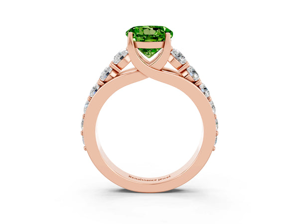 Rose gold Round Cut Peridot Engagement Ring with Pavé Band and Four-Prong Setting