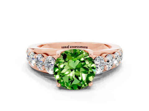 Rose gold Round Cut Peridot Engagement Ring with Pavé Band and Four-Prong Setting