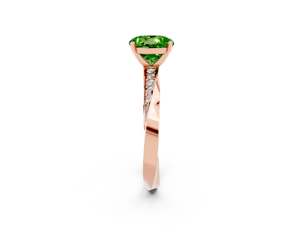 Rose gold Round Cut Peridot Engagement Ring with Side Stone Accents and Four-Prong Setting