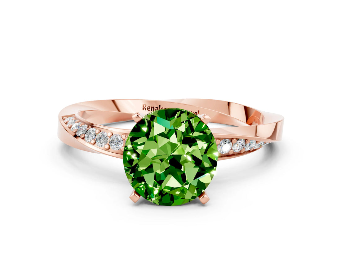 Rose gold Round Cut Peridot Engagement Ring with Side Stone Accents and Four-Prong Setting_60