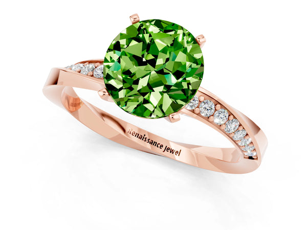 Rose gold Round Cut Peridot Engagement Ring with Side Stone Accents and Four-Prong Setting