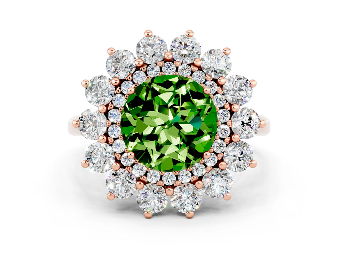 Rose gold Round Cut Peridot Floral Double Halo Engagement Ring with Prong Setting_72