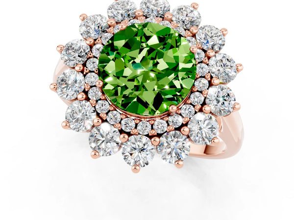 Rose gold Round Cut Peridot Floral Double Halo Engagement Ring with Prong Setting